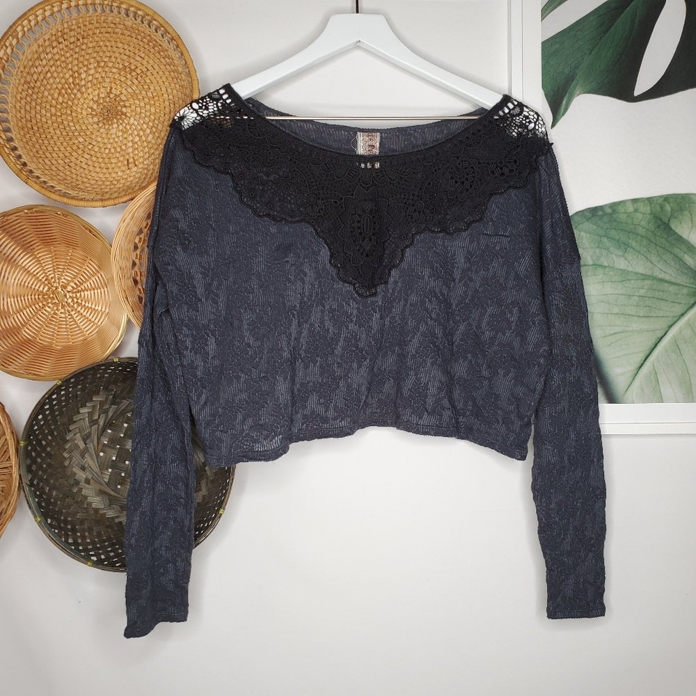 Free People Blue Floral Lace Crop Victorian Boho - Picture 1 of 7